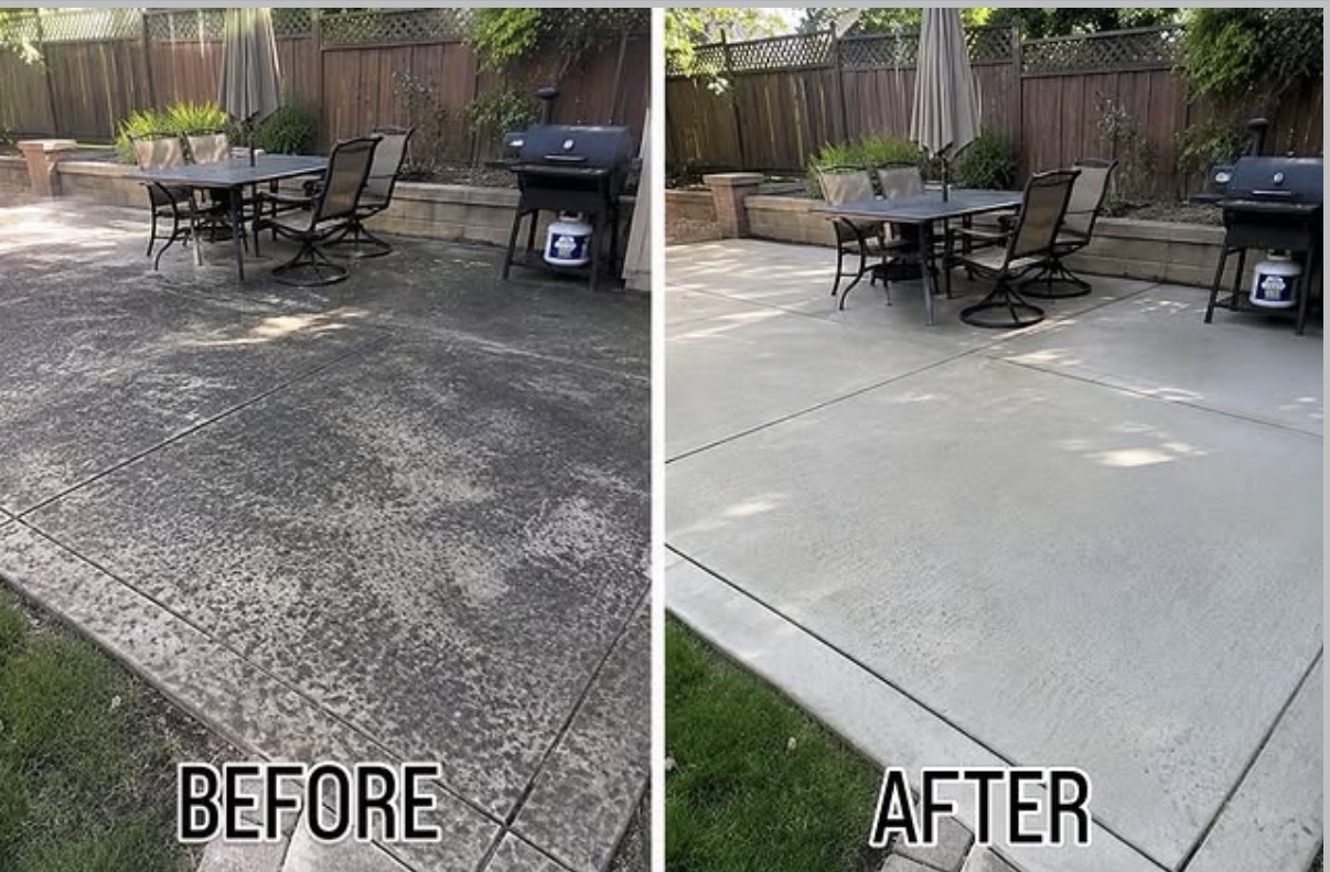 Before and after: pressure washed backyard concrete patio